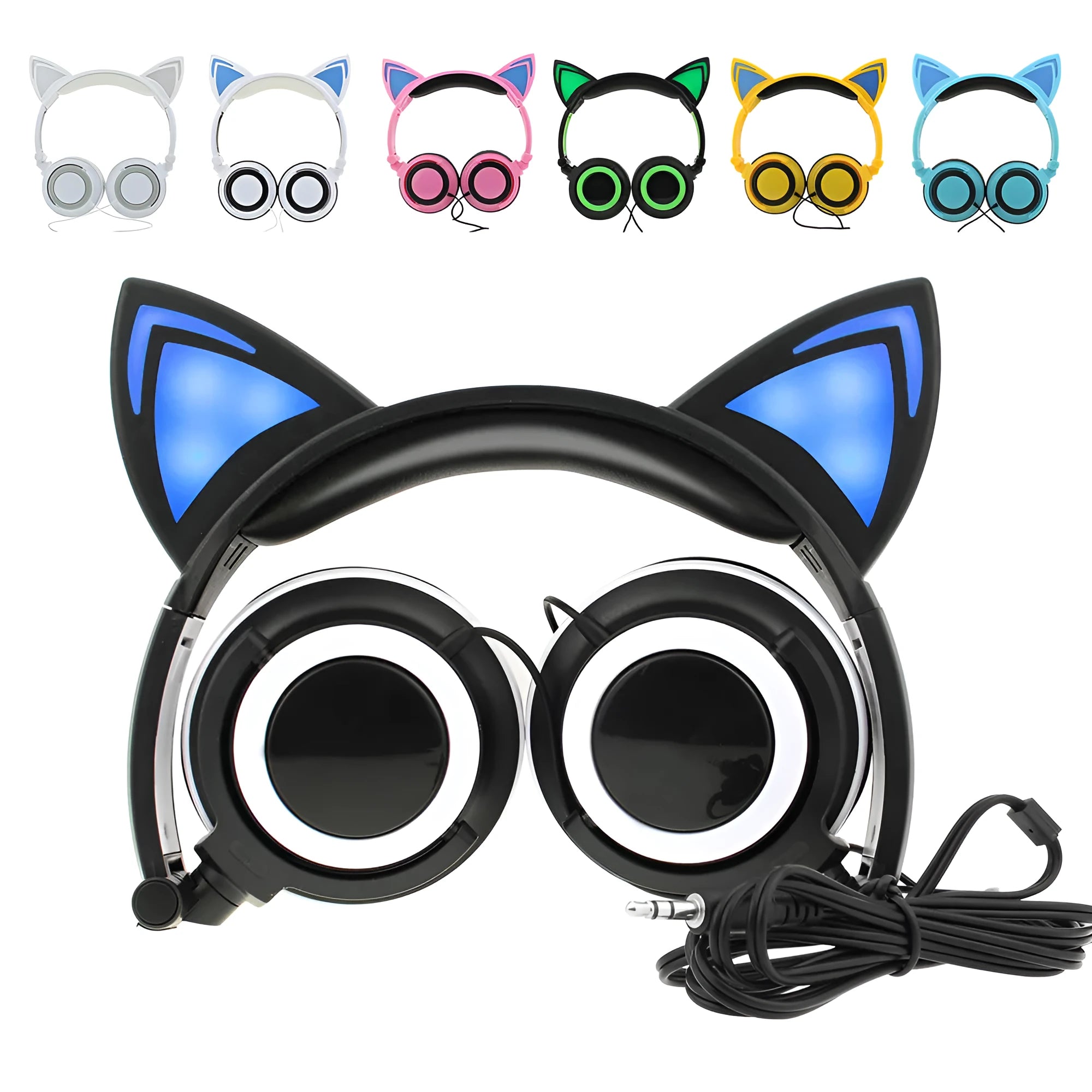 Colourful cat ear headphones with illuminated RGB LED lights in the ears and blue earcushions on a black background.