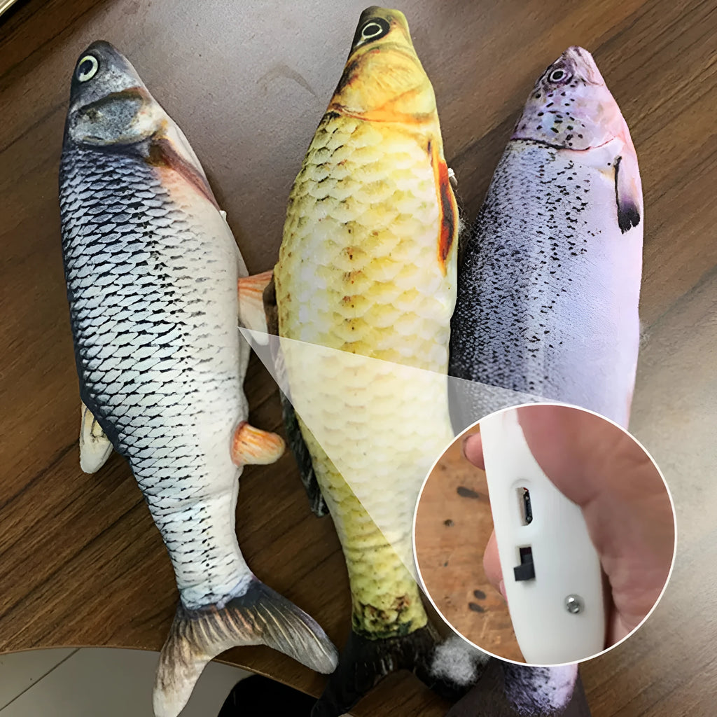 USB rechargeable electronic jumping fish cat toy in multicolour, 30cm long.