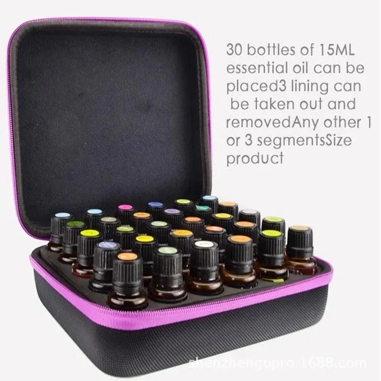 Red cube-shaped essential oil storage bag with 30 compartments for 15ml bottles, shown with zip open.