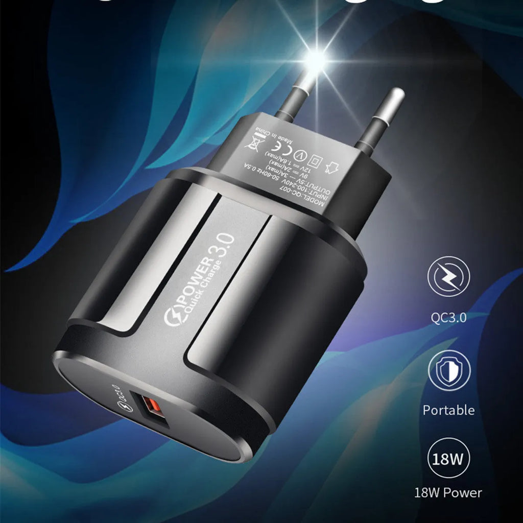 White and black dual USB smart charger with international plug options on white background