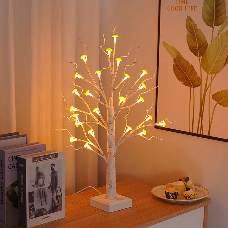 60cm mushroom tree LED lamp with 24 warm lights on birch branches