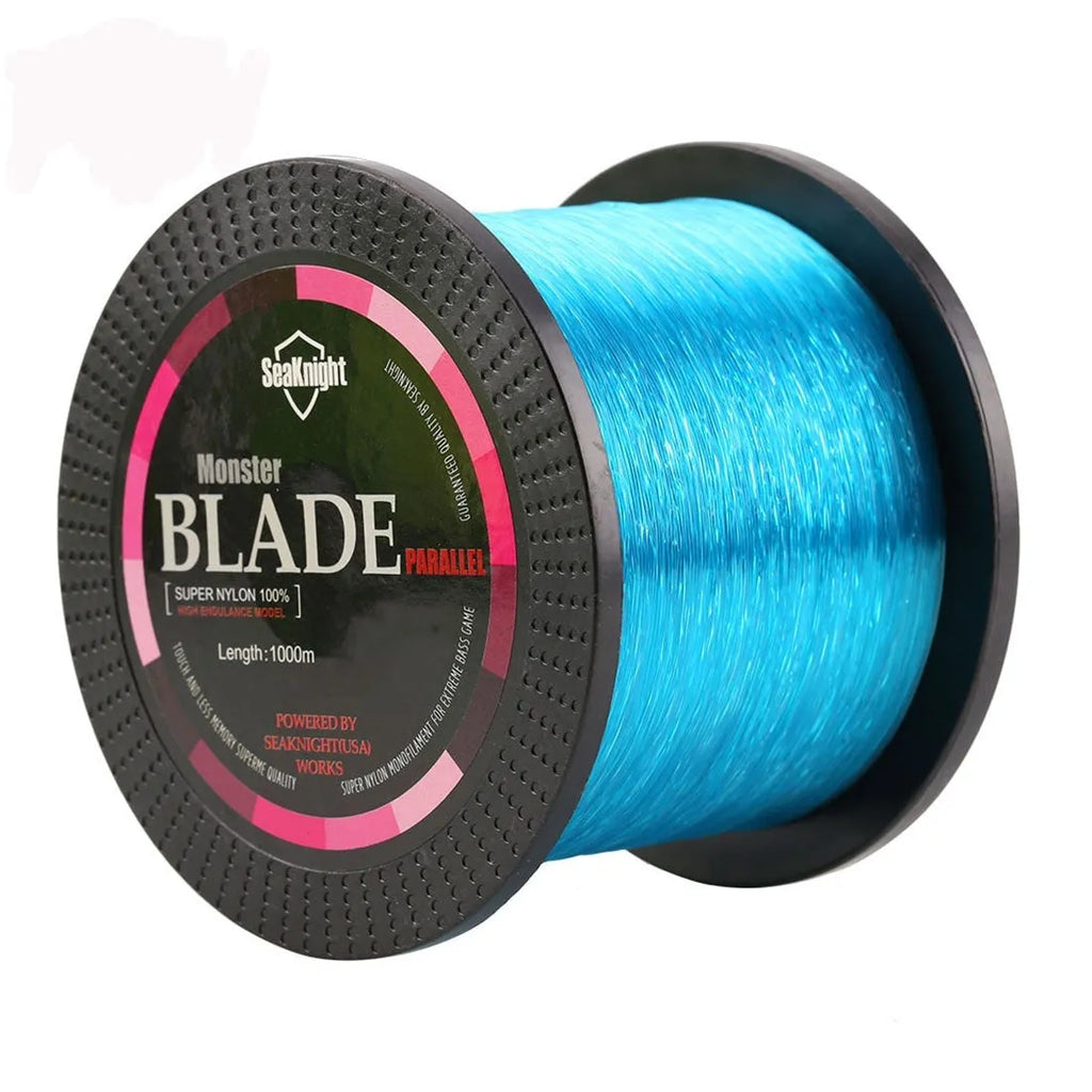 Spool of Seaknight1000 M nylon monofilament fishing line in one of five colours showing size marking
