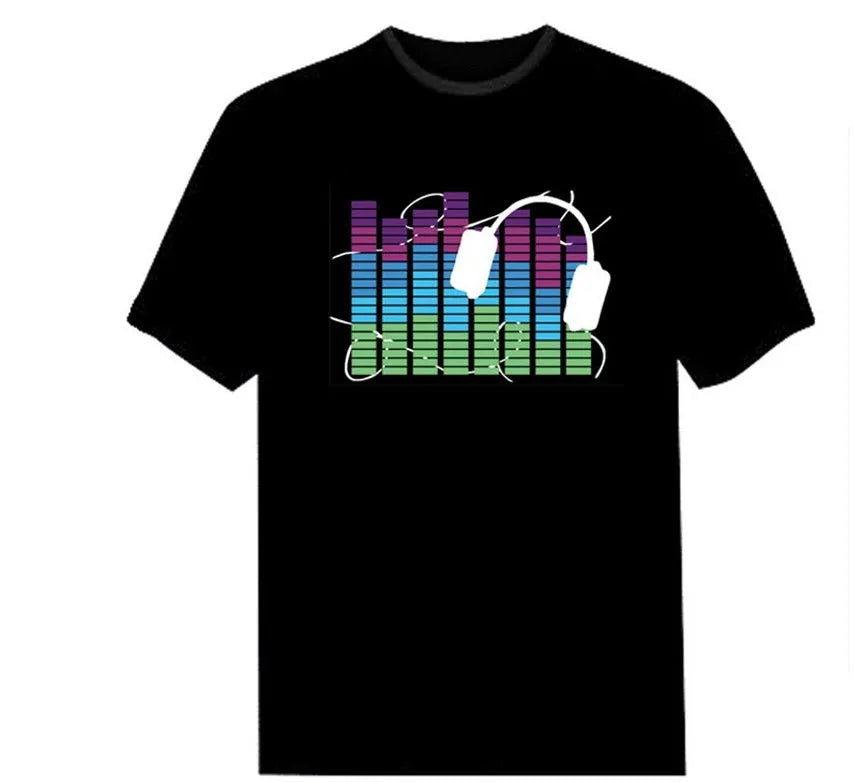 Bar advertising voice control T-shirt glowing in black with sound-activated blue luminous film pattern