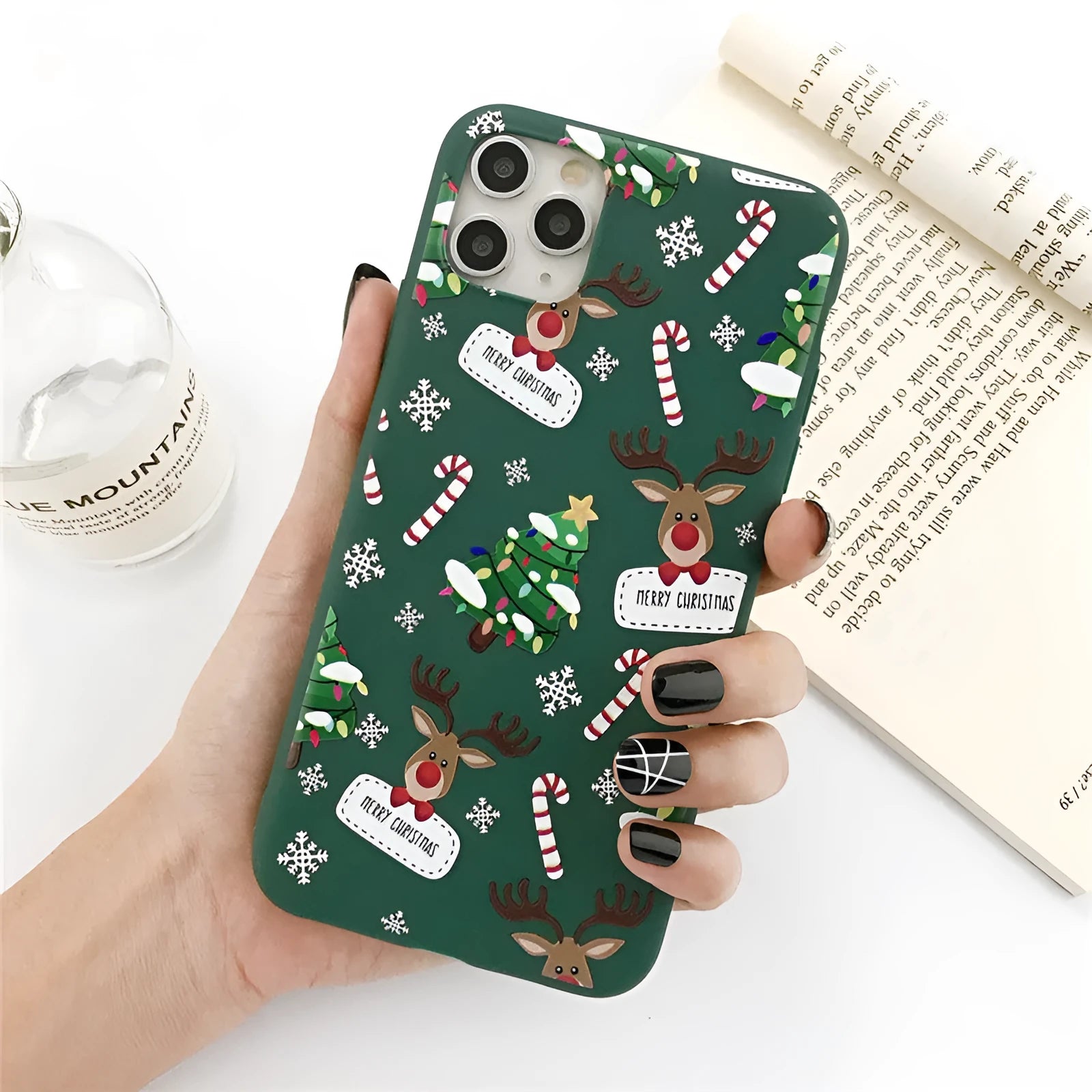 Green Christmas elk TPU phone case with cartoon design and stripe pattern for iPhone models
