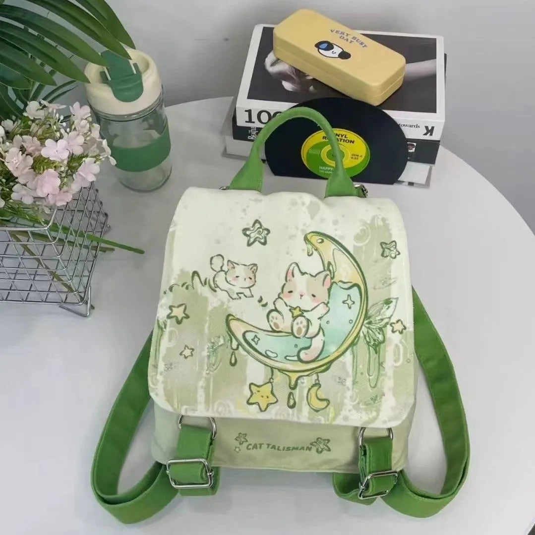 Mint Mambo Green cute polyester backpack with spliced design, sandwich pocket, 23x10x25cm, on white background