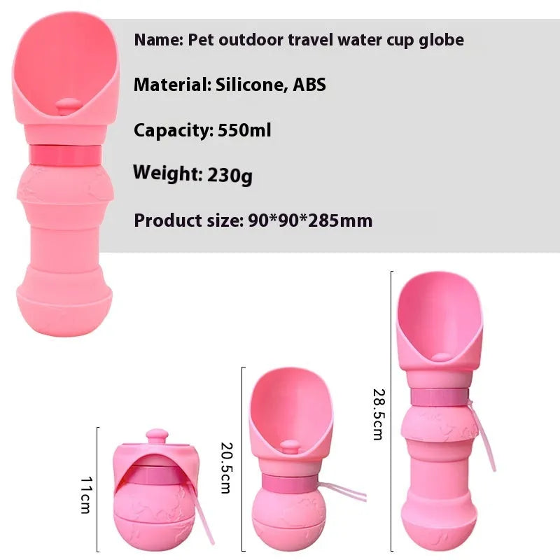 Collapsed and opened views of a silicone folding pet water cup with a lid, shown in a choice of colours.