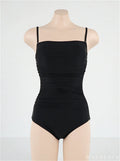 Blue sling style one-piece women's swimsuit with belly pleats and a slim fit design.