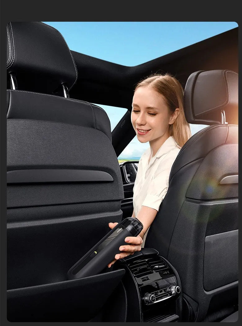 BASEUS wireless handheld car vacuum cleaner in black, white, or green with blowing hose attachment