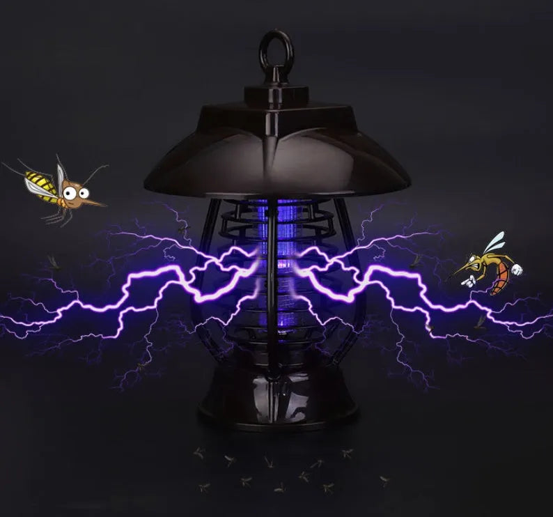 Black solar-powered mosquito lamp with solar panel and LED lights for garden insect control