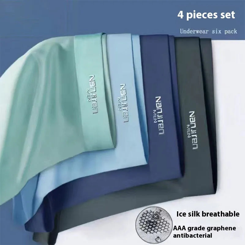 Men's ice silk graphene antibacterial boyshorts on white background showing four pairs in different colours
