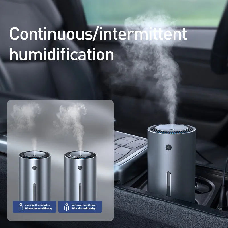 Black aluminium alloy car humidifier and aromatherapy diffuser with USB cable for 12V power.