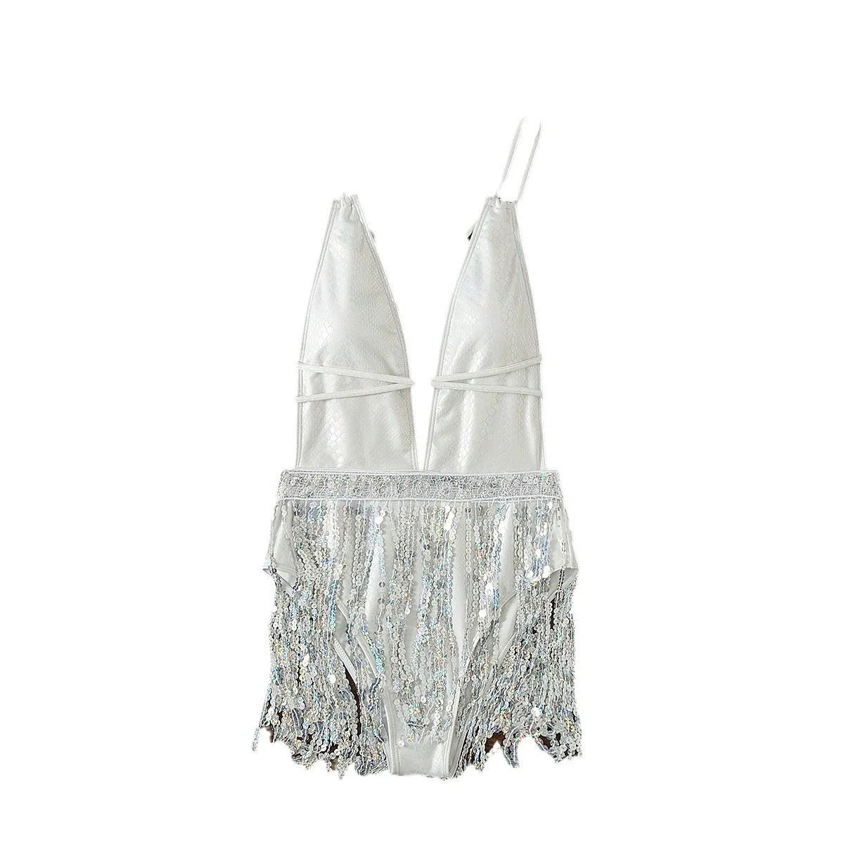 White one-piece swimsuit with a deep V-neckline and a decorative tassel.