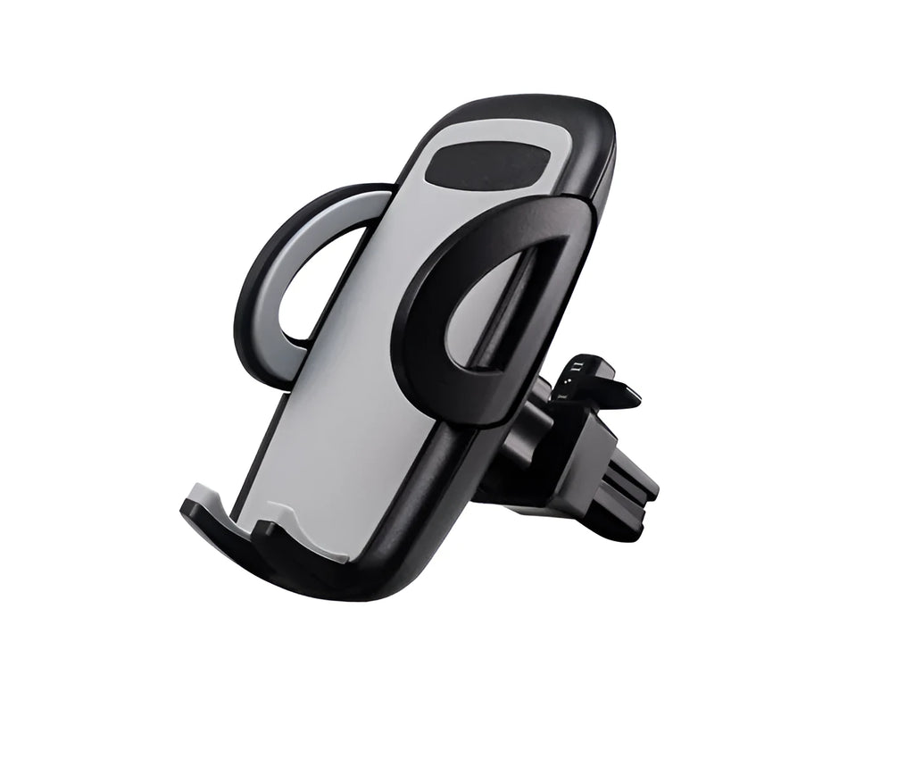 Black plastic mobile phone holder mounted on car air conditioning vent