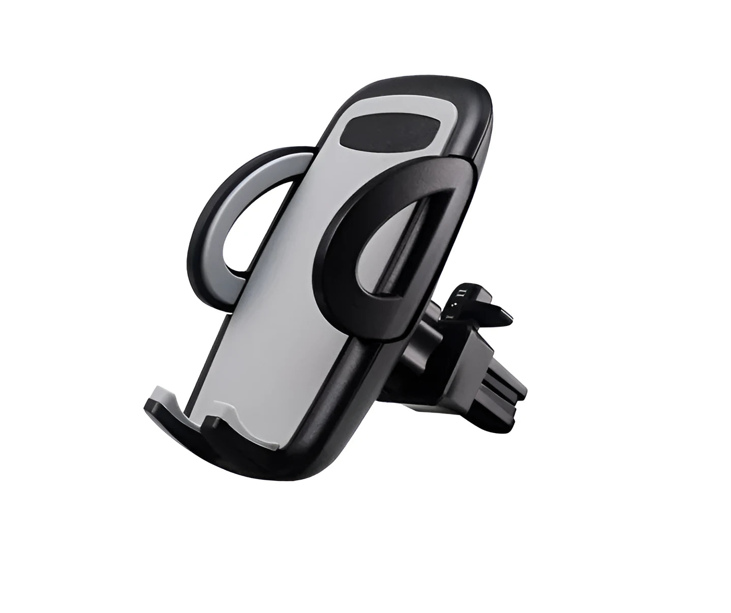 Black plastic mobile phone holder mounted on car air conditioning vent