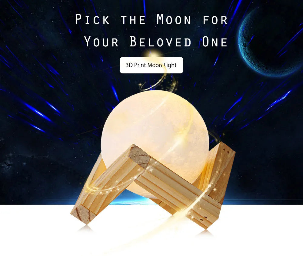 3D-printed white moon lamp on wooden stand with touch-sensitive metal ring base