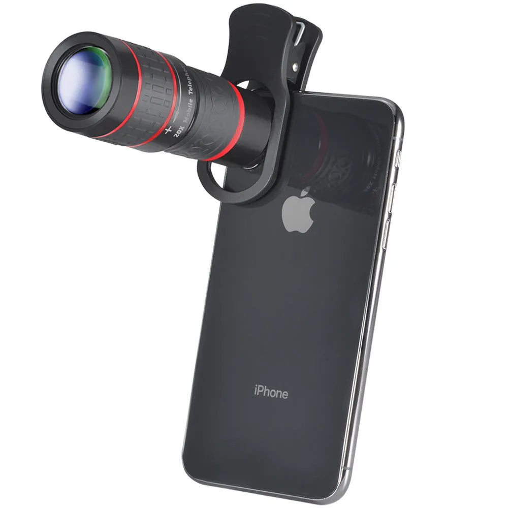 20x magnification smartphone telescope lens with universal mounting clip and single eye mask on a table.