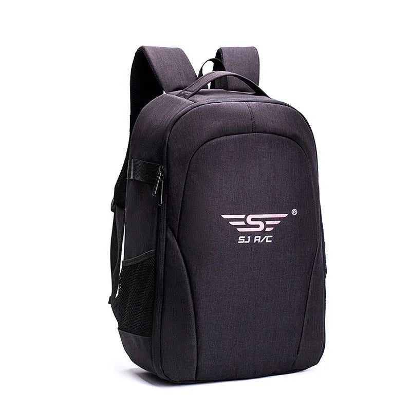 Black waterproof Oxford cloth drone backpack with multiple internal compartments for camera and laptop storage