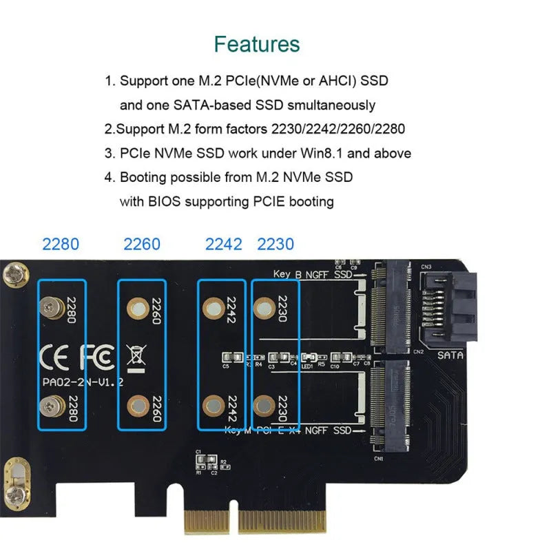M.2 SSD adapter card expansion card with dual M.2 slots and PCIe X4 interface, black colour