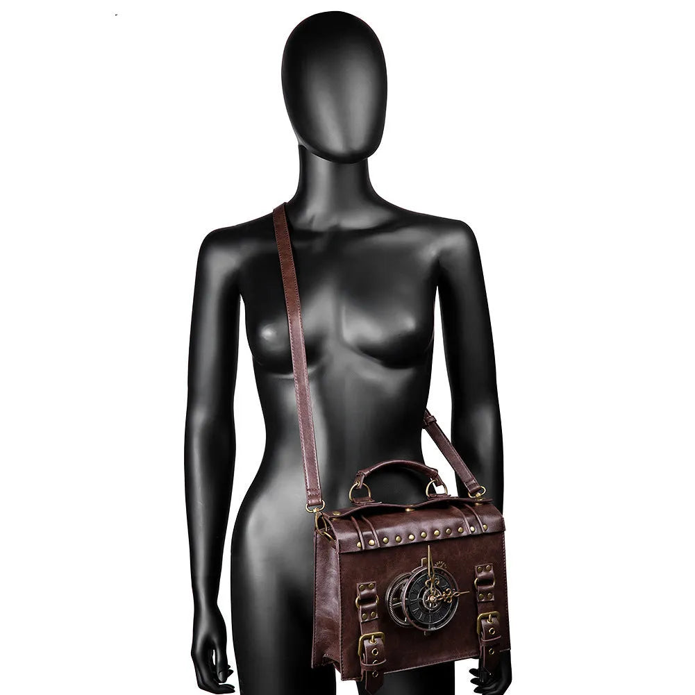 Bronze steampunk industrial retro shoulder bag with horizontal square pillow design and metal accents