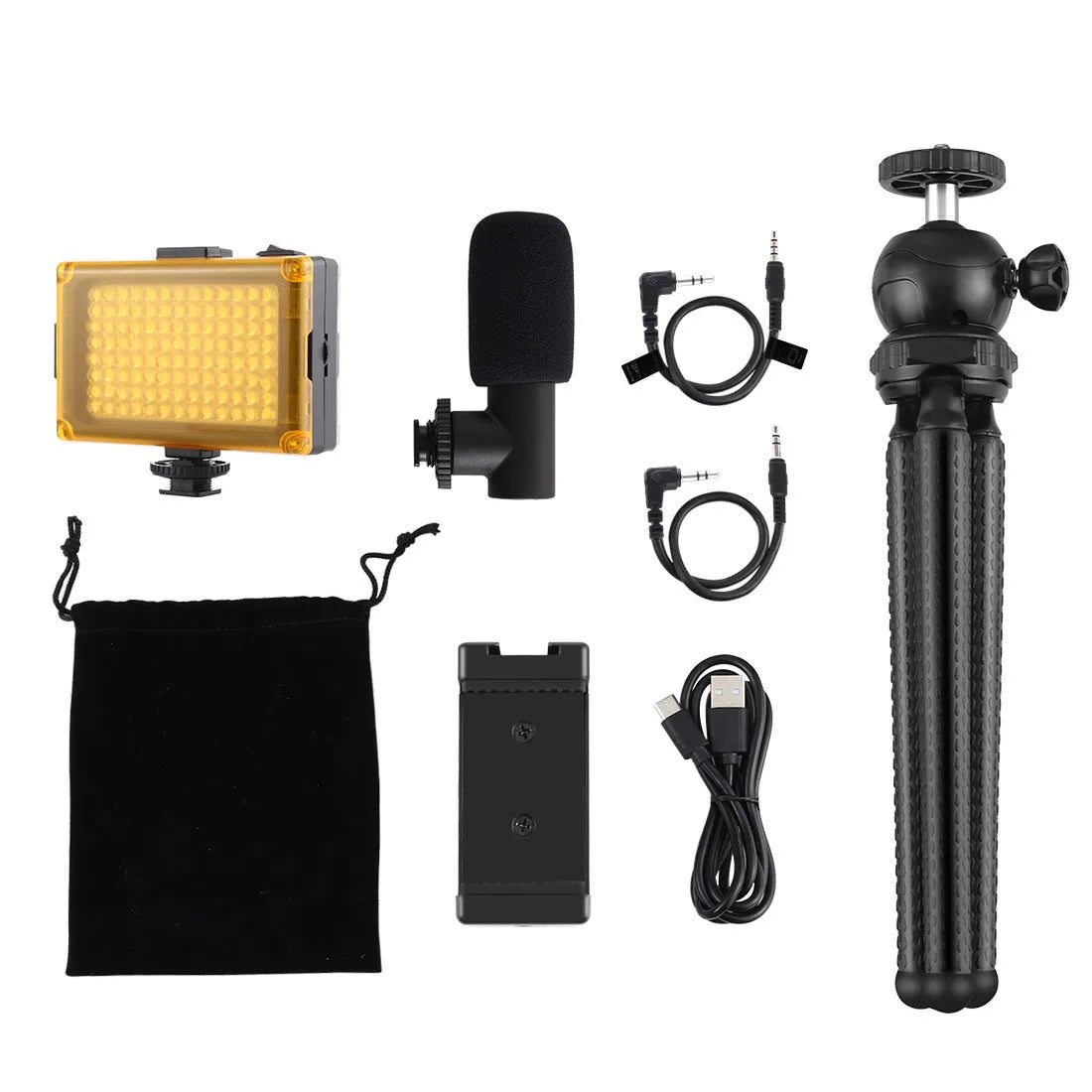 Black Octopus Yripod live broadcast kit with flexible tripod legs, fill light, and microphone for iPhone