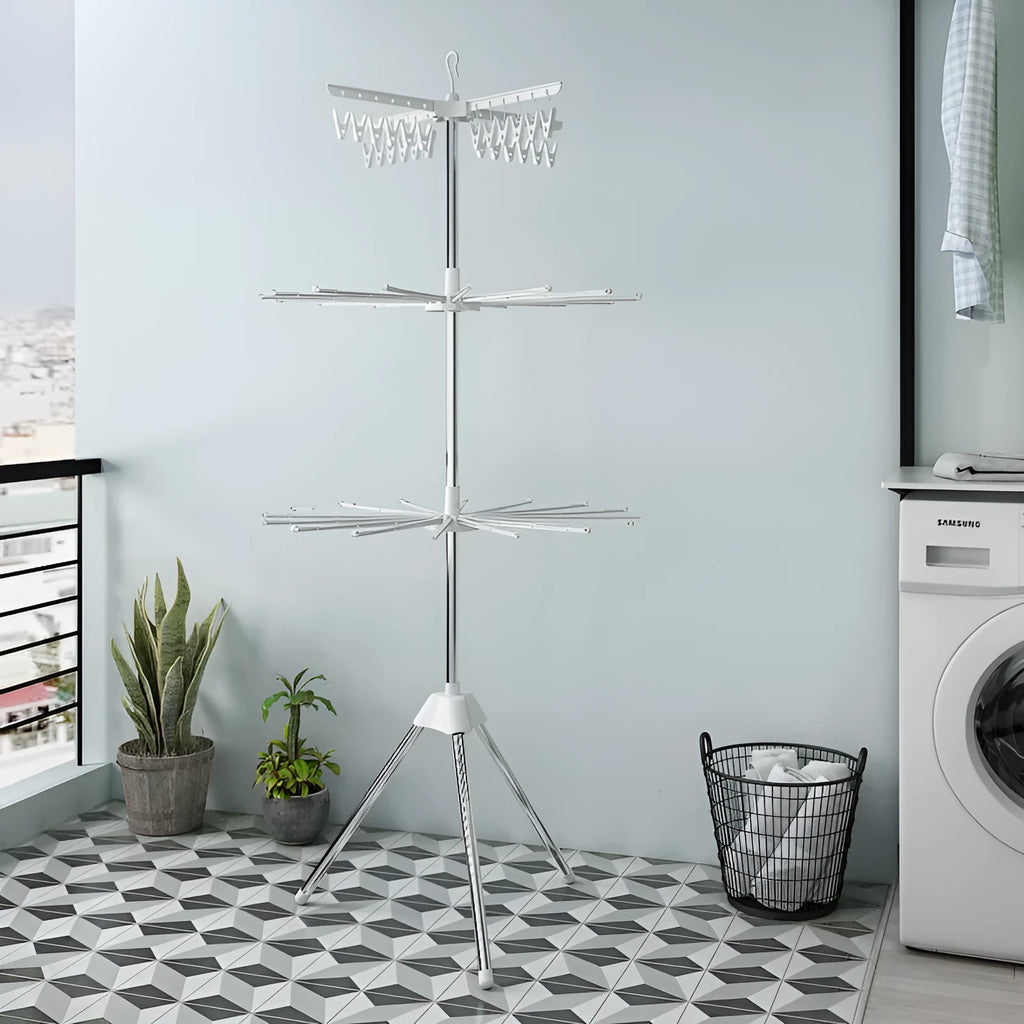 Stainless steel three-layer drying rack with movable plastic clips for laundry organisation