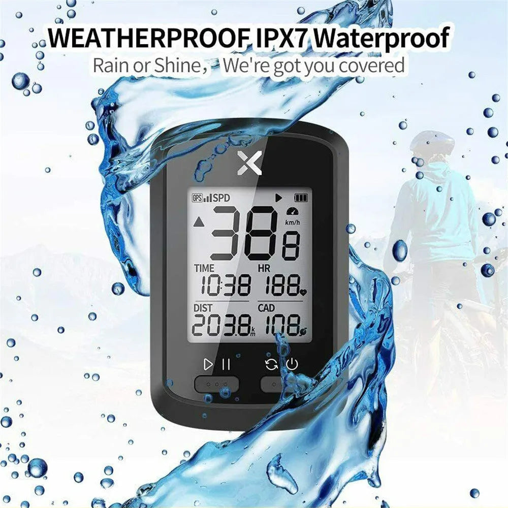 Black plastic waterproof bicycle stopwatch mounted on handlebars for cycling time tracking