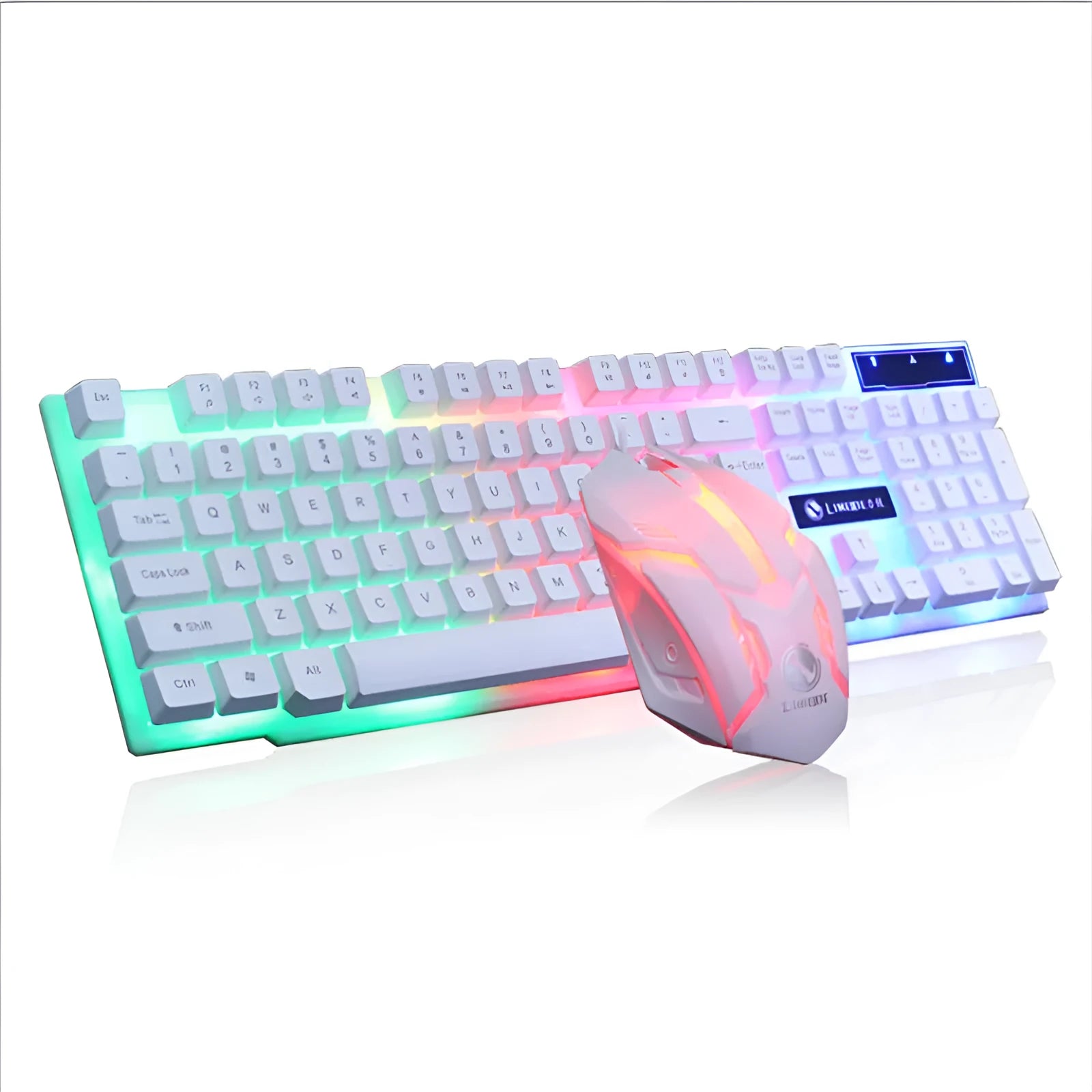 Limei GTX300 white black and black orange glow gaming keyboard and mouse set on desktop