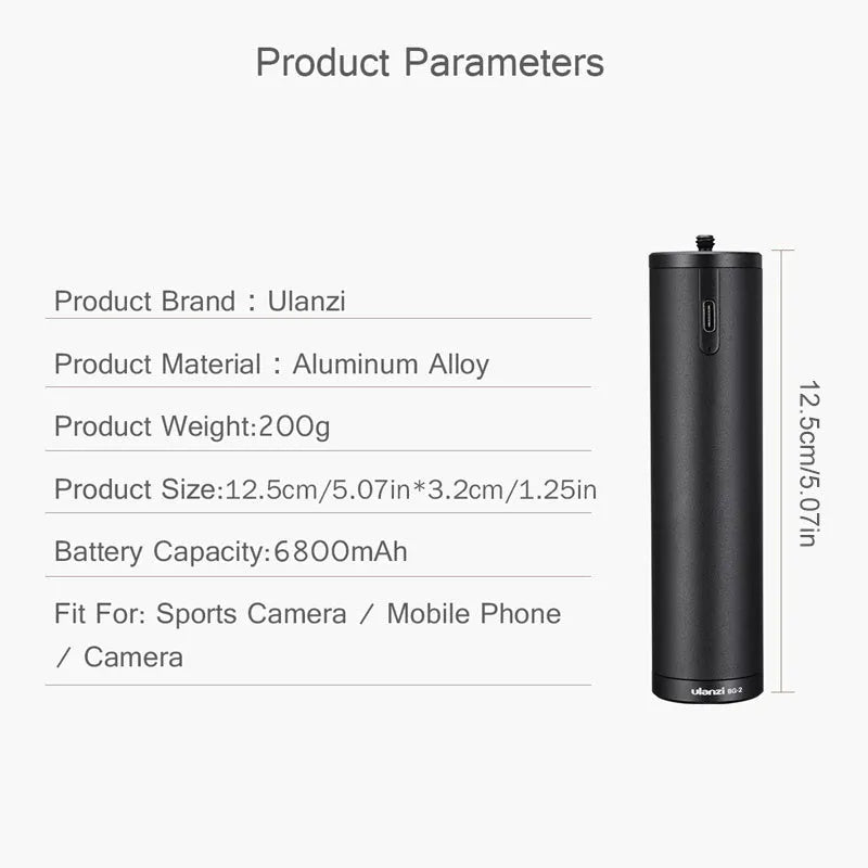 Black aluminium power bank with carry handle showing 6800mAh capacity