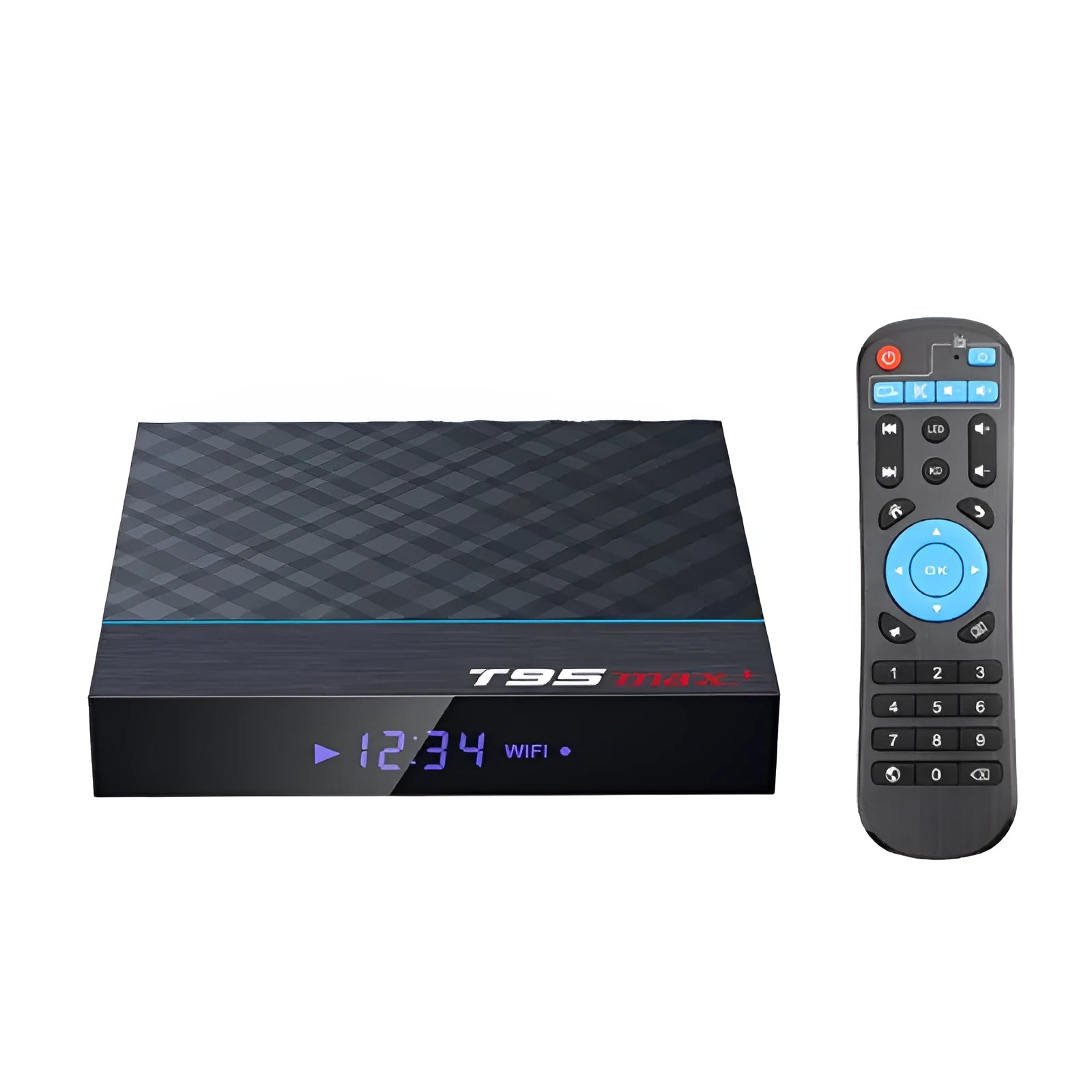 Black T95 Max Plus Android TV box with remote control on a table.