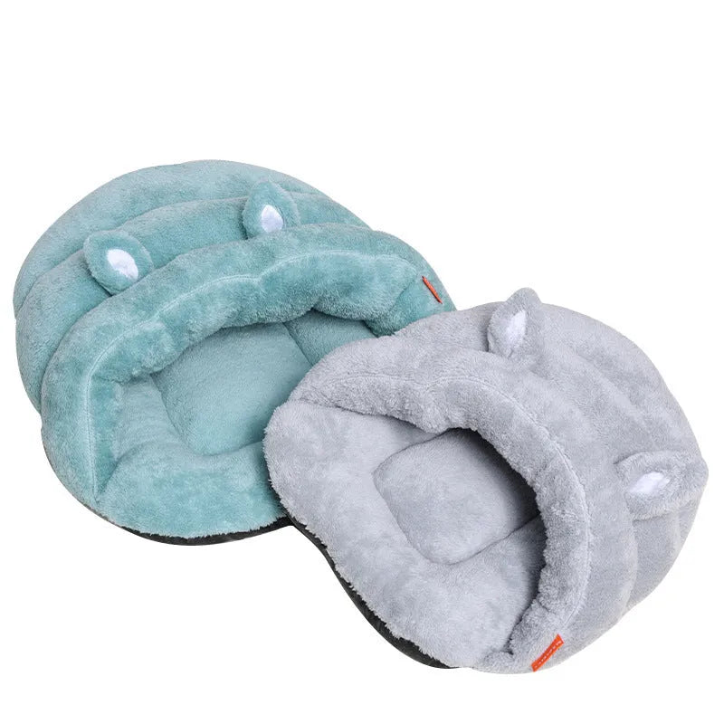 Soft plush pet cave bed in beige with cushion for small dogs and kittens