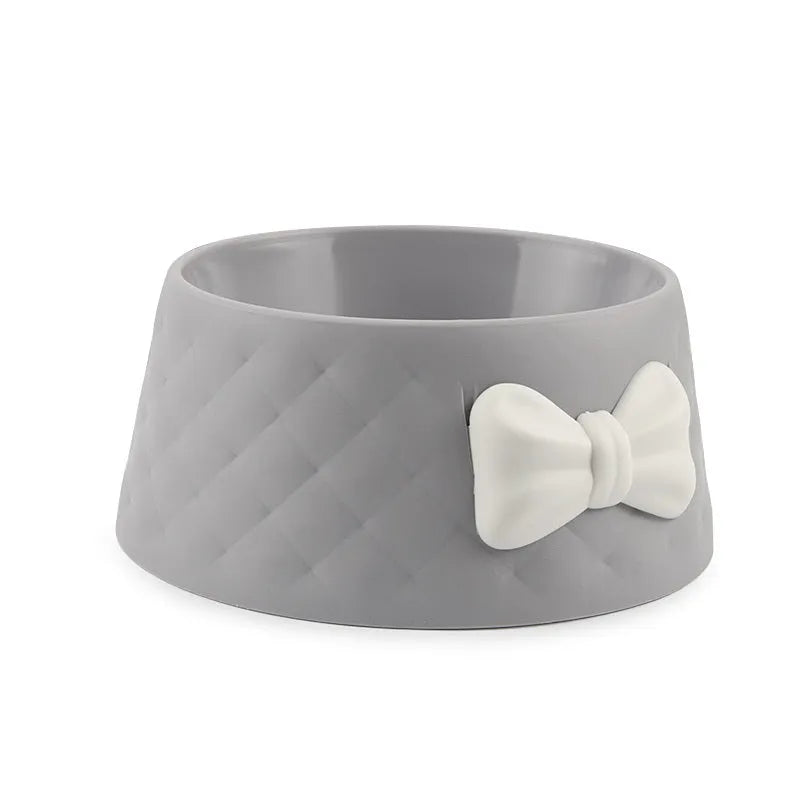 Bow design cat and dog bowl in PP plastic available in pink green and grey colours