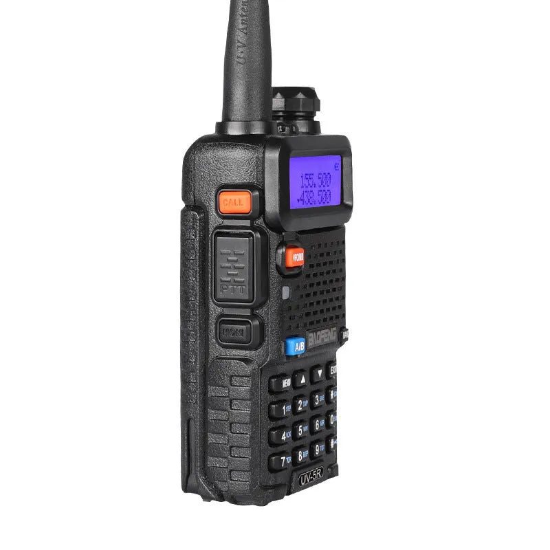 Black dual-band UHF VHF walkie talkie with antenna, showing compact 110x58x32mm dimensions.