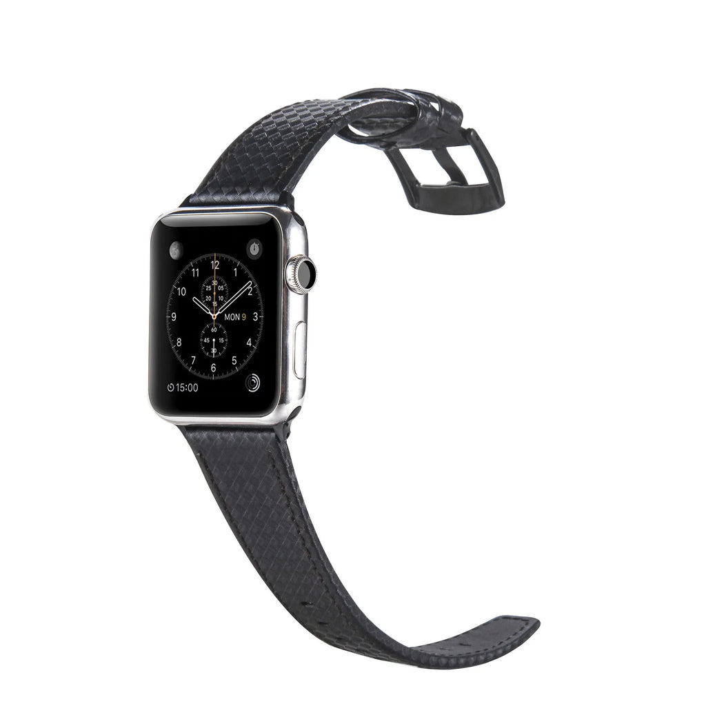 Carbon fibre and leather iPhone watch strap with PC hard shell case in red, black, orange, and blue thread options.