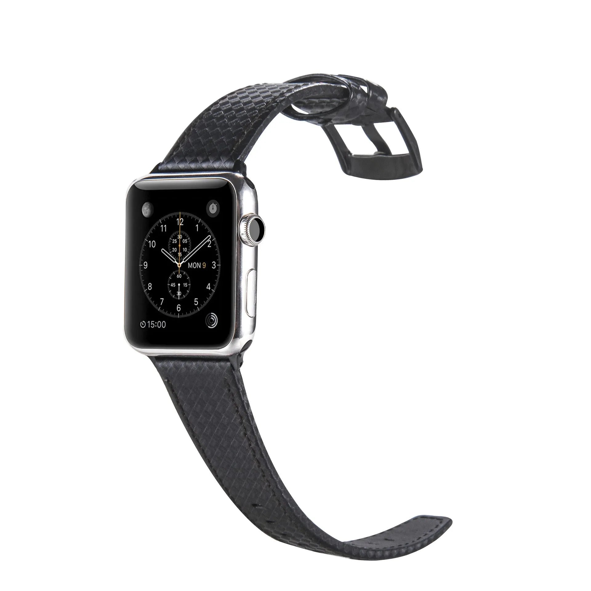 Carbon fibre and leather iPhone watch strap with PC hard shell case in red, black, orange, and blue thread options.