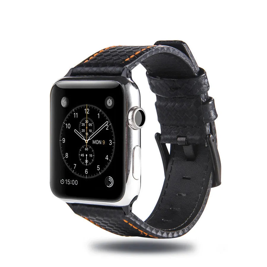 Carbon fibre and leather iPhone watch strap with PC hard shell case in red, black, orange, and blue thread options.