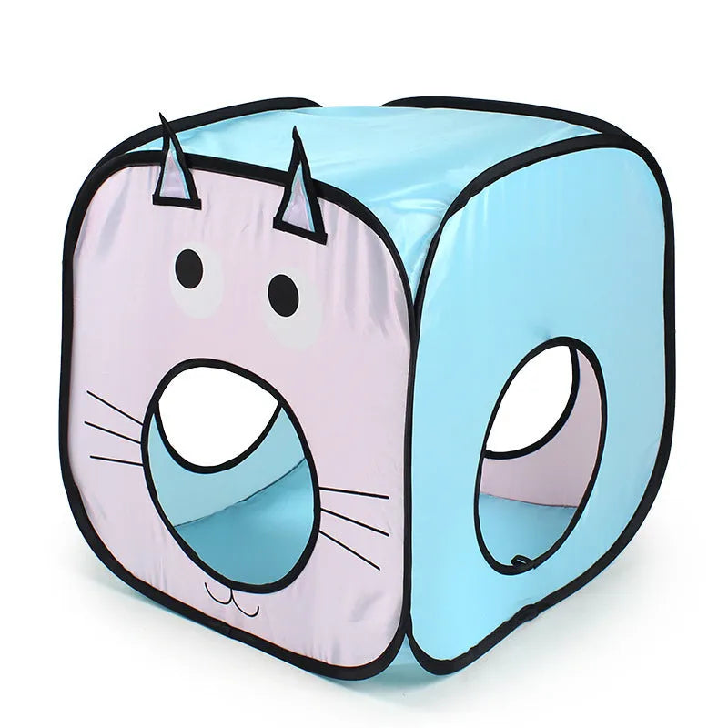 Foldable pet tent and tunnel set with a cat and fish design, made from white PP plastic.