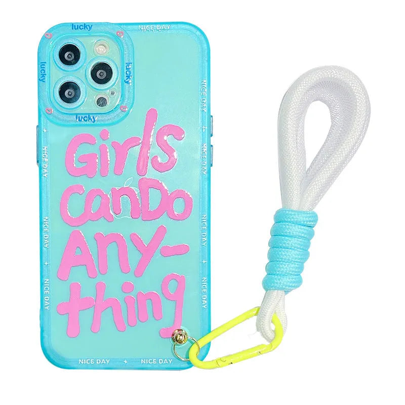 Graffiti design iPhone case with detachable lanyard in mint green colour with painted animal artwork