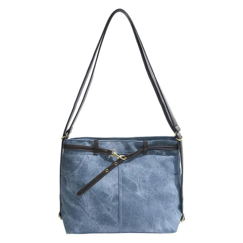 Retro large capacity PU tote bag in black with double shoulder straps and sewing line detail