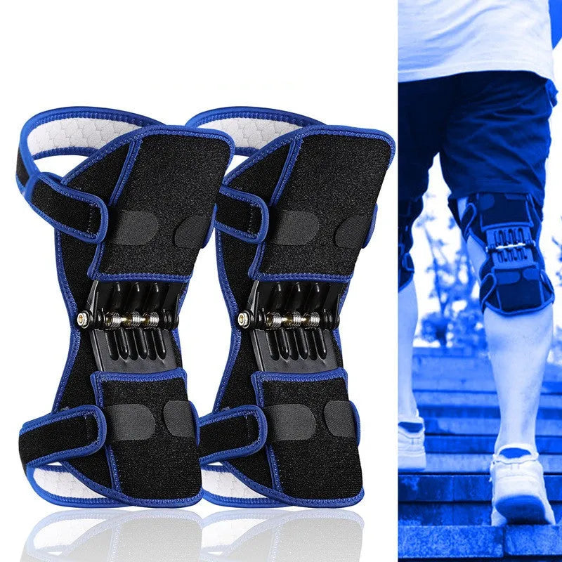 Adjustable spring-loaded knee support brace with straps on a grey background.