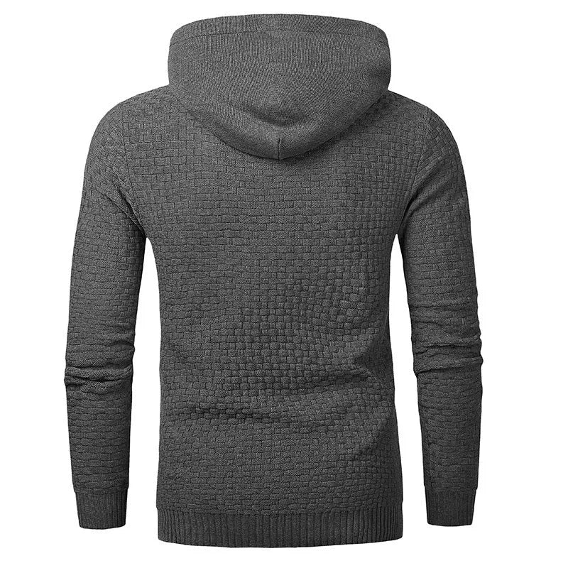 Men's grey cotton-polyester blend hoodie sweatshirt on a hanger.