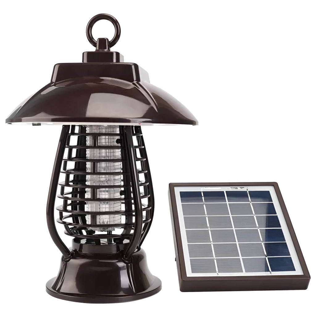 Black solar-powered mosquito lamp with solar panel and LED lights for garden insect control