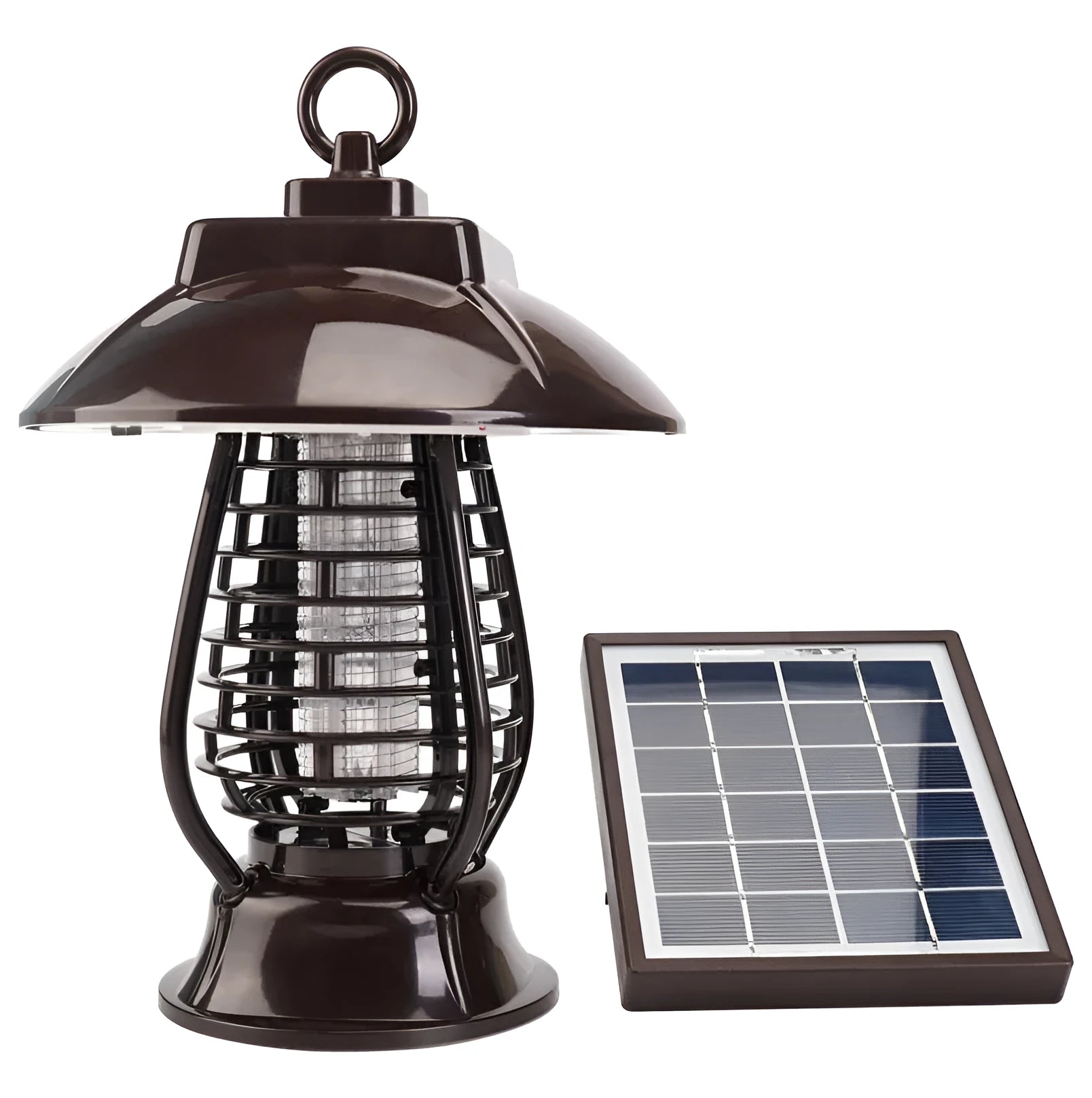 Black solar-powered mosquito lamp with solar panel and LED lights for garden insect control