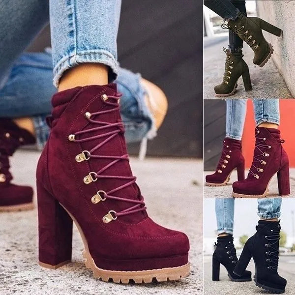 Women's suede high heel boots with round toe, thick heel, and Roman-style rivet and buckle details