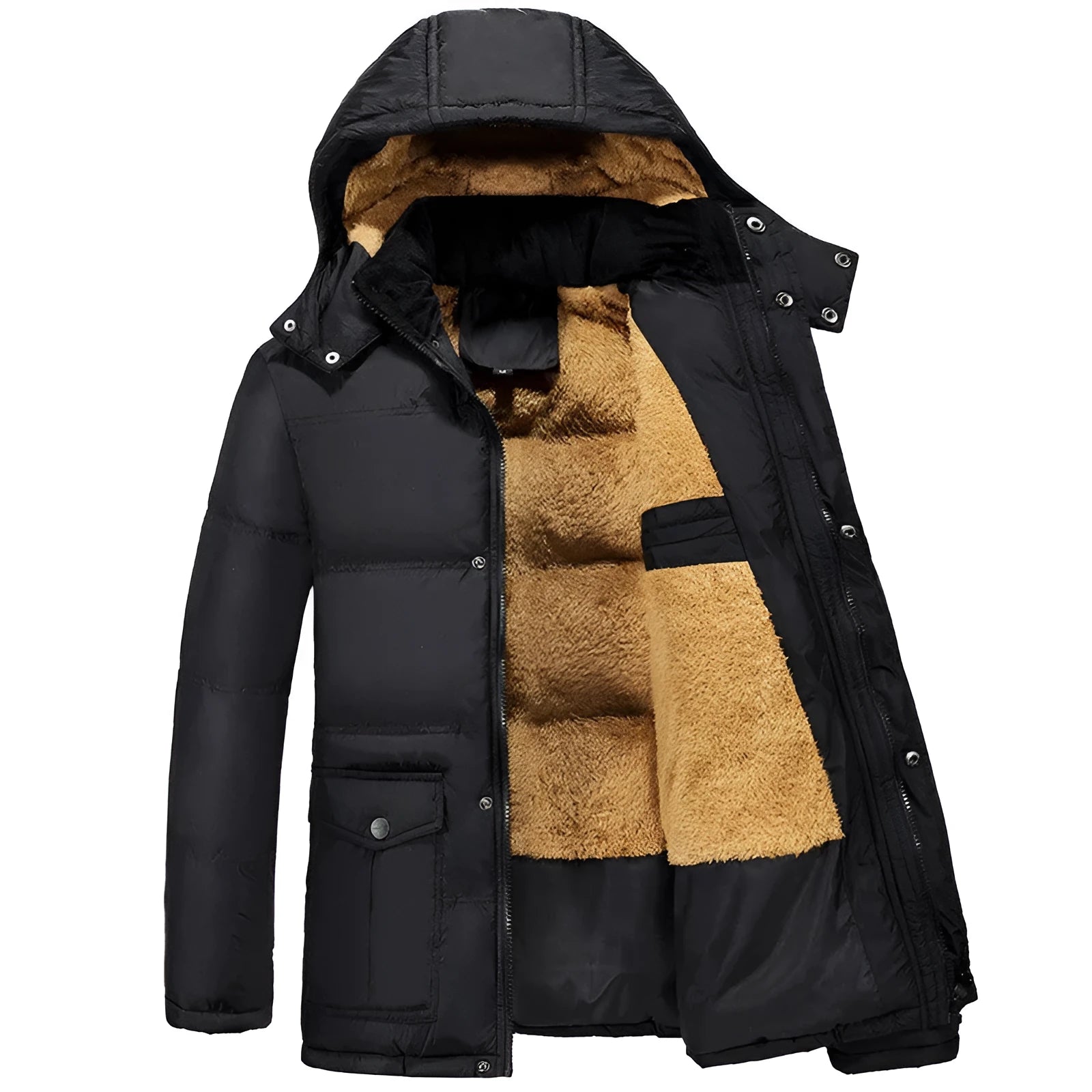 Men's black velvet double-breasted hooded padded jacket with a loose fit.