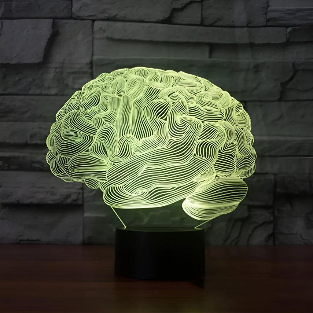 Brain design 3D acrylic LED desk lamp with remote control on a wooden surface