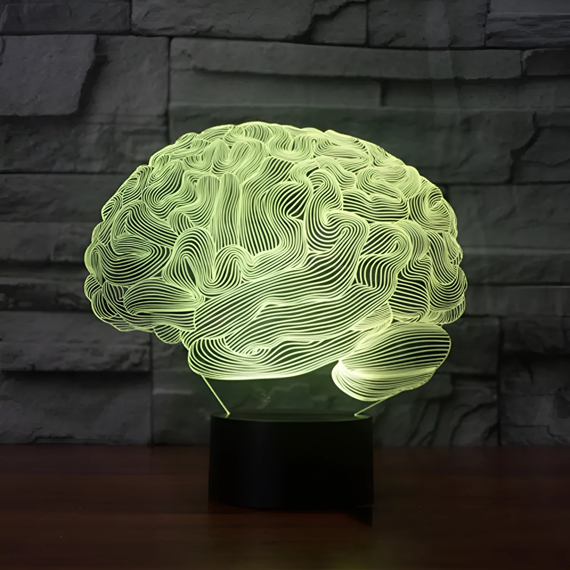 Brain design 3D acrylic LED desk lamp with remote control on a wooden surface