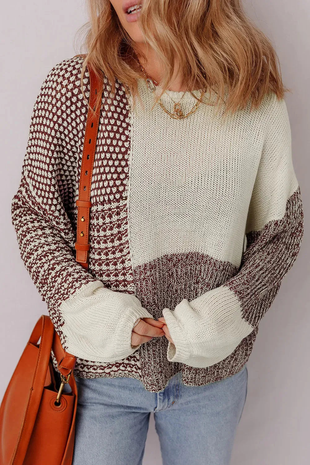 Dark khaki colour block loose sweater with back tie and drop shoulders