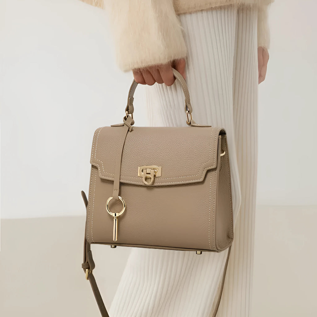 Elephant grey vintage handbag with litchi pattern lock and cowhide leather construction
