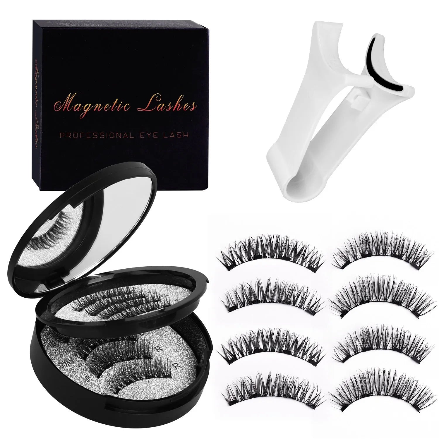 Women's flat hard stem magnetic false eyelashes with V-shaped clip, rose gold option, 13x10.5x2.3cm size