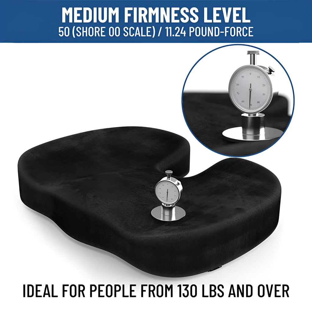 Black flannel memory foam office seat cushion with U-shaped design measuring 46x36x7cm